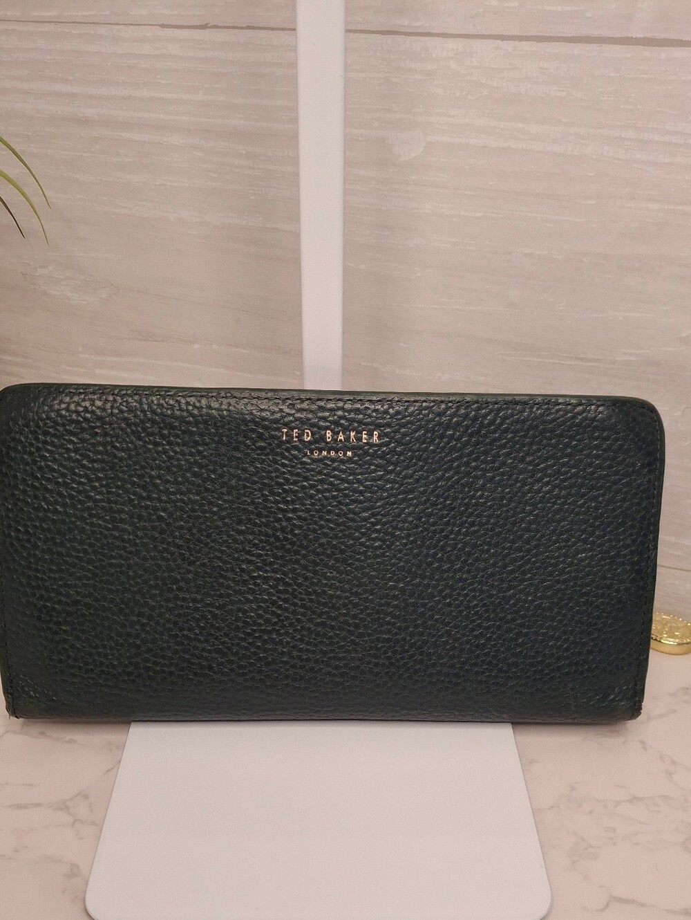 Ted Baker London Forest Green Pebbled Leather Zip Snap Wallet